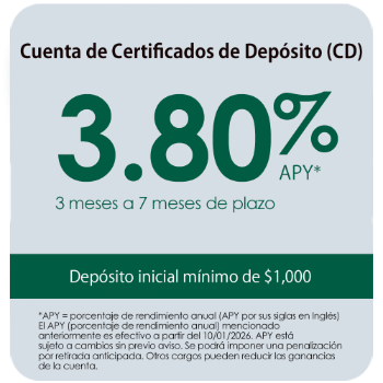 Certificate of Deposit account featuring 3.80% APY for 3-month to 7-month terms with a $1,000 minimum opening deposit.
